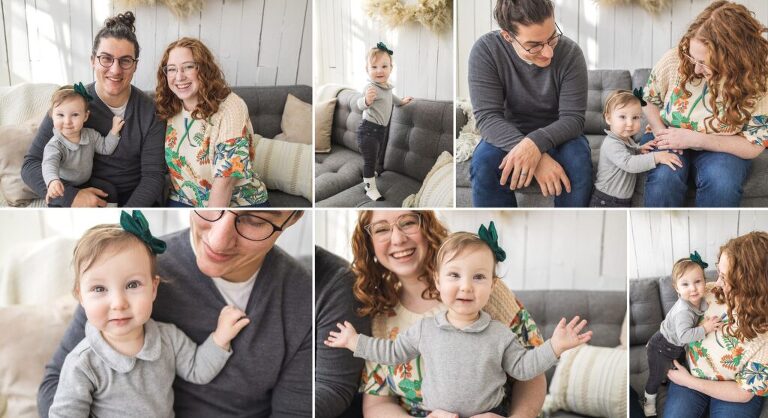 collage of family in photo studio on couch. toddler with short hair and green bow smiling, standing on her own. parents smiling at her