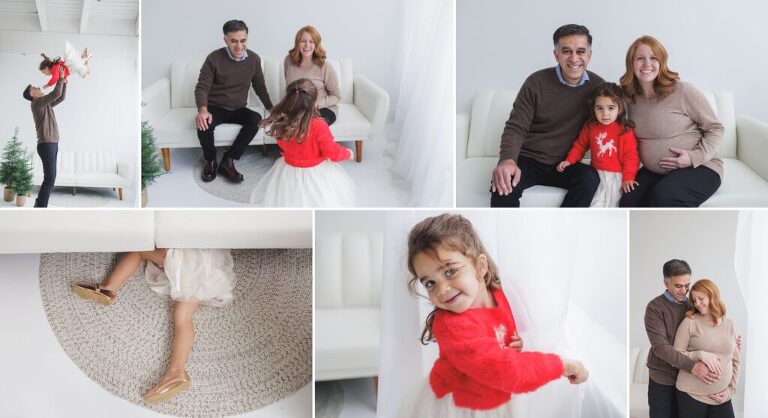 photo collage of family dressed in holiday attire. Dad swinging daughter in the air. Little girl twirling in front of her parents. Entire family looking at the camera and smiling. Little legs sticking out from under the sofa. Girl in red sweater playing in sheer drapes. Husband looking over wife's shoulder, with hand on her pregnant stomach. 